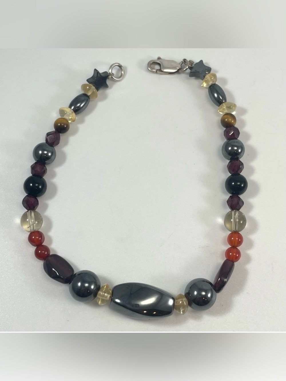 Stunning Vintage 7" Hematite & Gemstone Beaded Bracelet w/ Sterling Silver Clasp